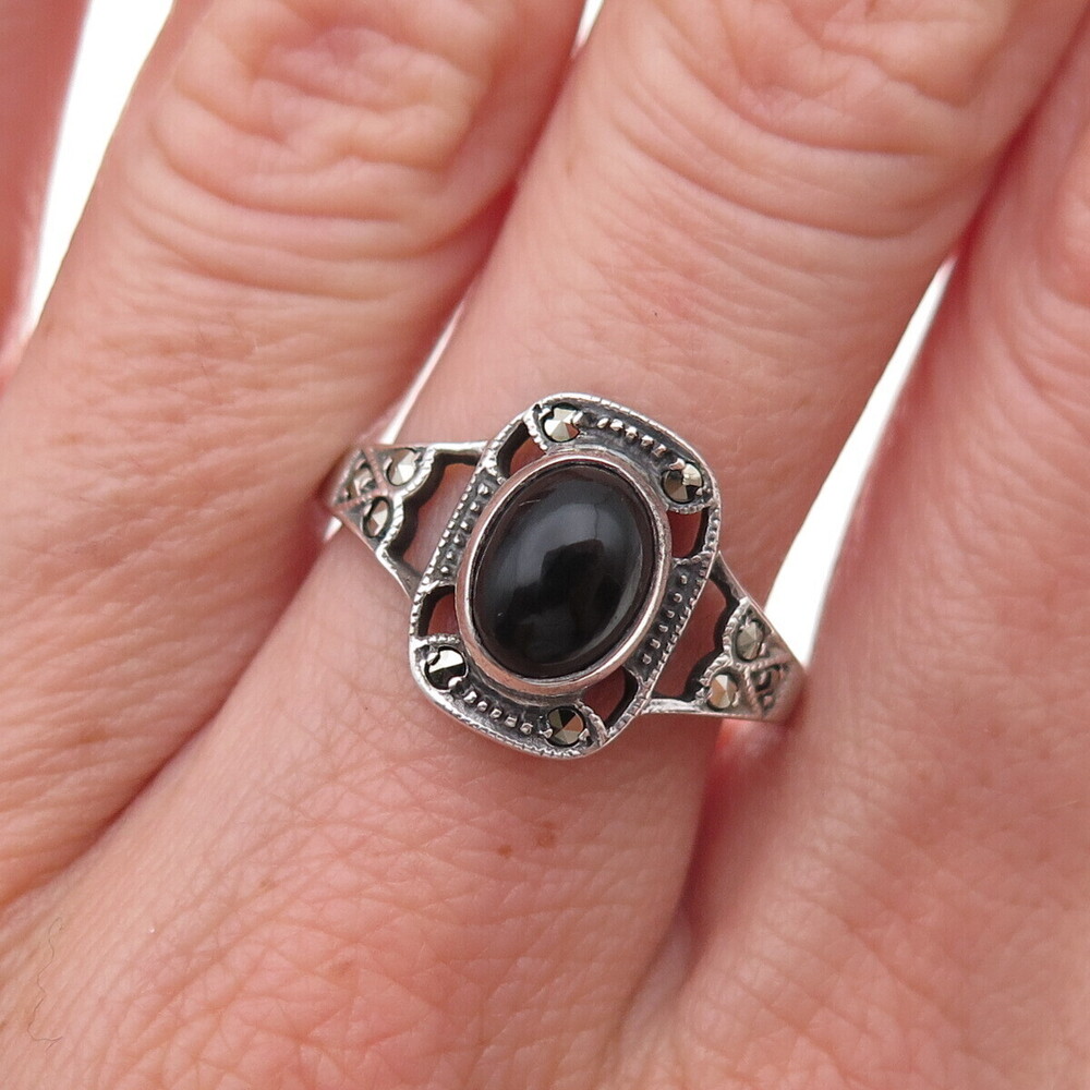 925 Sterling Silver Vintage Real Black Onyx & Marcasite Oxidized Ring Size 9